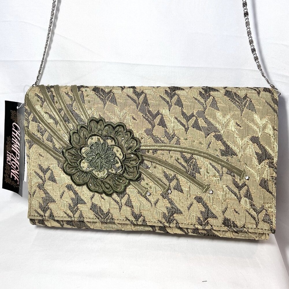 Champagne Italy 2669B-NWT-Clutch/Shoulder Purse-Green Embroidered/Diamond/Beads